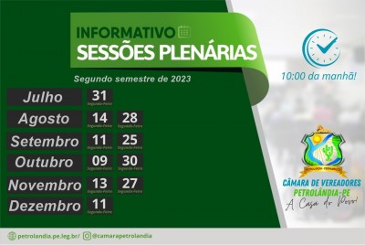 calendário das sessões do 2ª semestre de 2023 - câmara municipal de petrolândia